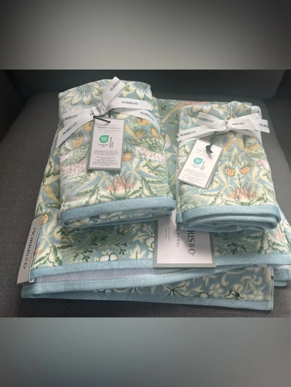 6 pc William Morris Strawberry Thief Floral Velour Bath Towel Set